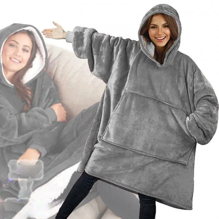 Толстовка плед із рукавами та капюшоном Huggle Hoodie оверсайз, тепле худі з великою кишенею для рук Сірий, фото 1