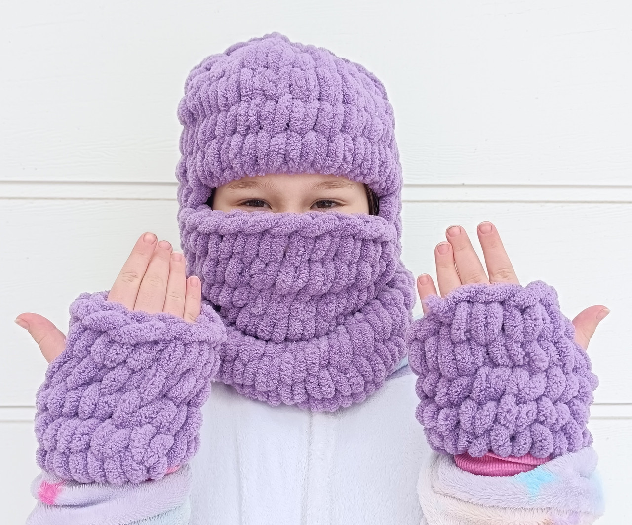 Дитяча в'язана шапка-балаклава + мітенки