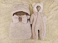Меховой комплект Тедди для новорожденных детей, спальник и комбинезон 56-62, бежевый
