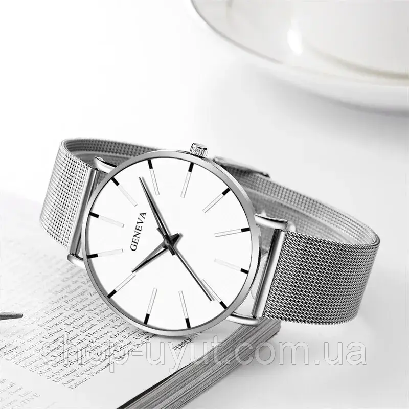 Наручные часы Geneva Fashion Silver сетчатый ремешок минималистичные кварцевые часики мужские/женские унисекс - фото 3 - id-p1873593997