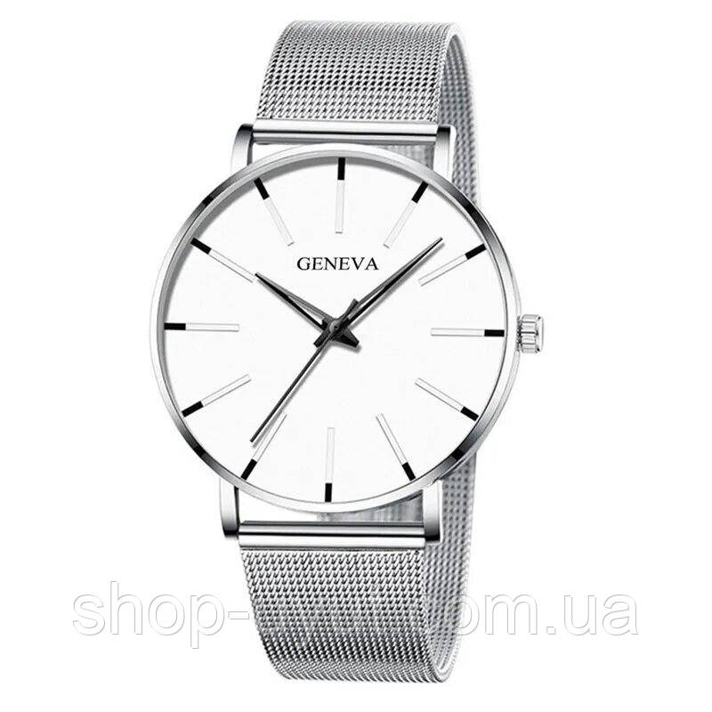 Наручные часы Geneva Fashion Silver сетчатый ремешок минималистичные кварцевые часики мужские/женские унисекс - фото 2 - id-p1873593997