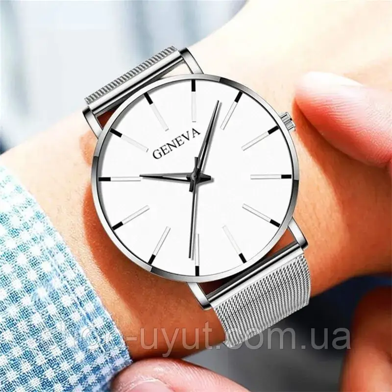 Наручные часы Geneva Fashion Silver сетчатый ремешок минималистичные кварцевые часики мужские/женские унисекс - фото 4 - id-p1873593997