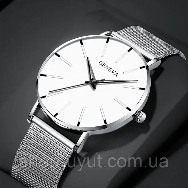 Наручные часы Geneva Fashion Silver сетчатый ремешок минималистичные кварцевые часики мужские/женские унисекс - фото 6 - id-p1873593997