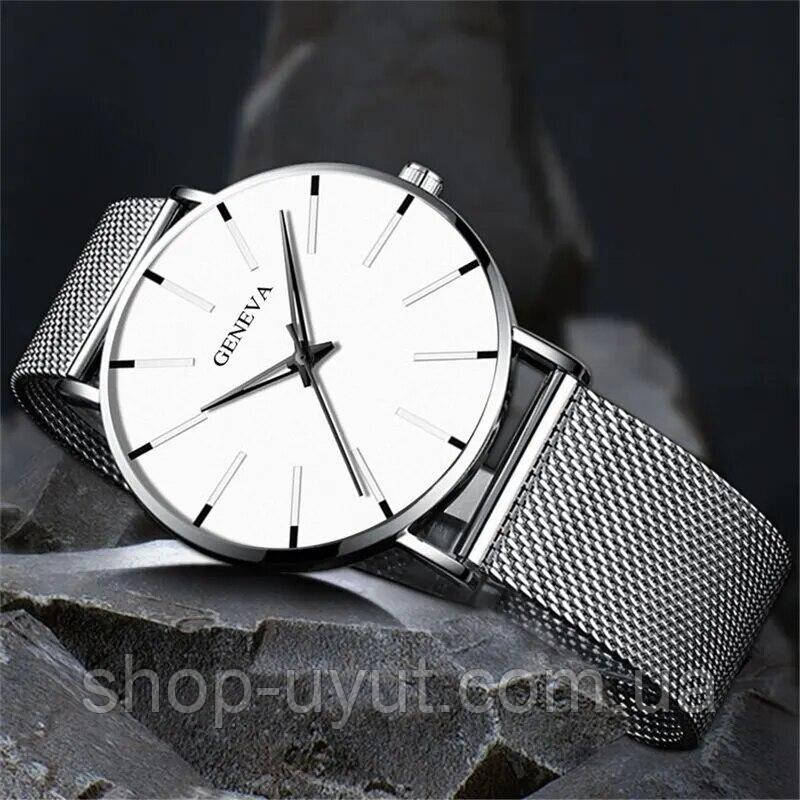 Наручные часы Geneva Fashion Silver сетчатый ремешок минималистичные кварцевые часики мужские/женские унисекс - фото 7 - id-p1873593997