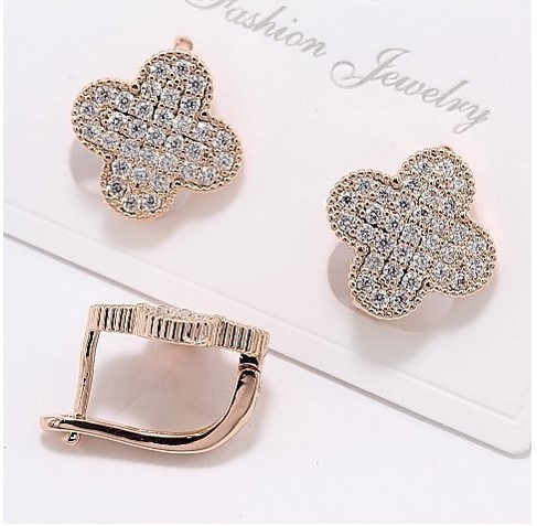 Гарні Сережки жіночі Клевер із розсипом каменів мед золото, фото 1