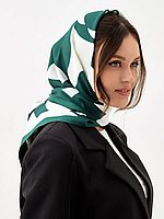 Женский платок зеленый, белый, легкий шарф, шелковый платок на голову, демисезонный платок зеленый 90 см