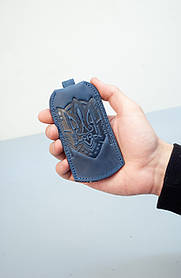 Чохол для ключів шкіряний синій з орнаментом Тризуб Герб України | Ключниця шкіряна