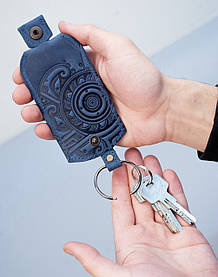 Чохол для ключів шкіряний синій з орнаментом Плин Часу | Ключниця шкіряна