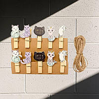 Прищіпки декоративні дерев'яні Коти набір 10 штук для декору, скрапбукінгу Handmade 3,5 см