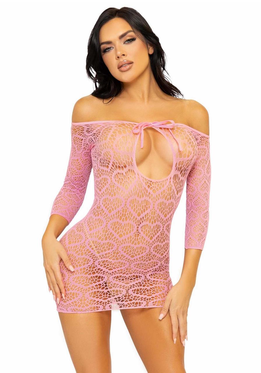 Сукня-сітка з сердечками Leg Avenue Heart net mini dress Pink, зав'язки, відкриті плечі, one size