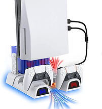 Док-станція SONY PS 5 із зарядками для геймпадів з вентилятором, підставкою для дисків та LED підсвічуванням, DOBE, фото 3