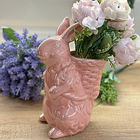 Пасхальна статуетка кашпо Великодній Кролик з кошиком, 21 см, перламутрова кераміка