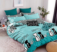 Комплект постільної білизни полуторний150х215Коти на бірюзовій смужці +сіра простирадластво-кольоровий Бязь голд люкс