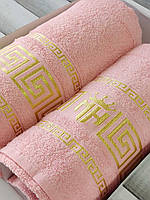 Розовый набор полотенец на подарок. Махровые. Турция Moz versace persik