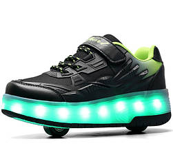 Роликові кросівки Led Motion, що світяться, на 2 колесах, USB зарядка, у стилі heelys, чорні (RKL-14)