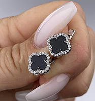 Срібні сережки конюшини з оніксом д.10мм