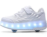 Роликовые светящиеся кроссовки на 2 роликах, USB зарядка, в стиле heelys, белые (RKL-18)