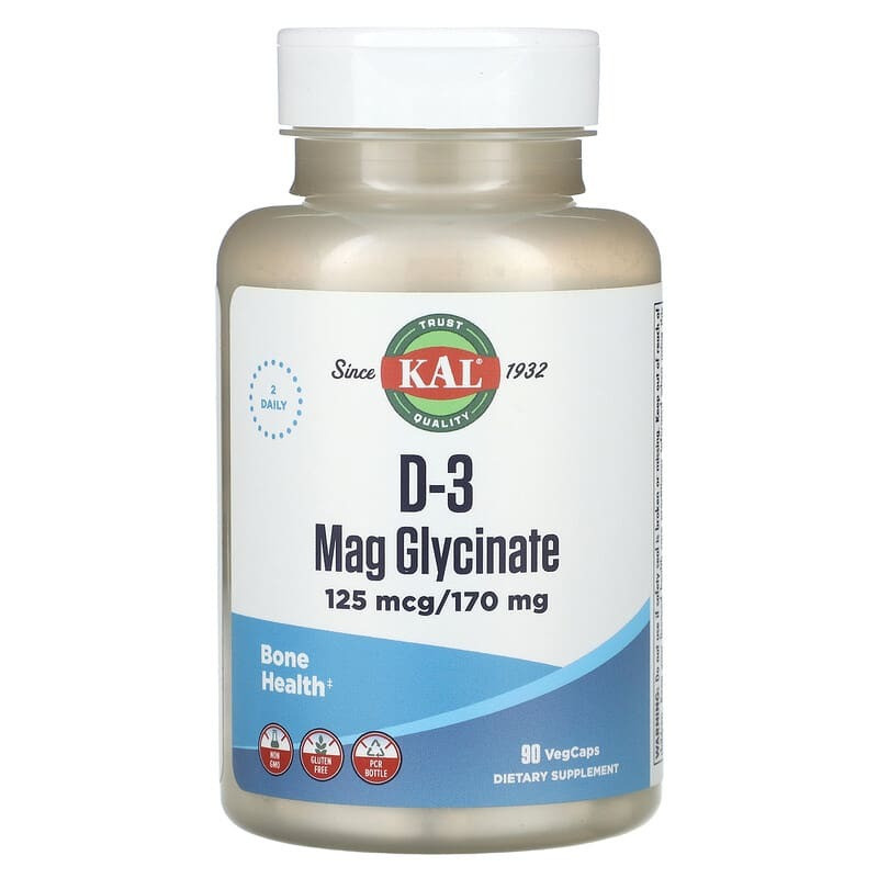 Вітамін Д3 та гліцинат магнію KAL "D-3 Mag Glycinate" 125 мкг / 170 мг (90 вегетаріанських капсул)