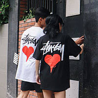 Мужская футболка Stussy Heart белая черная унисекс Стусси с сердечком