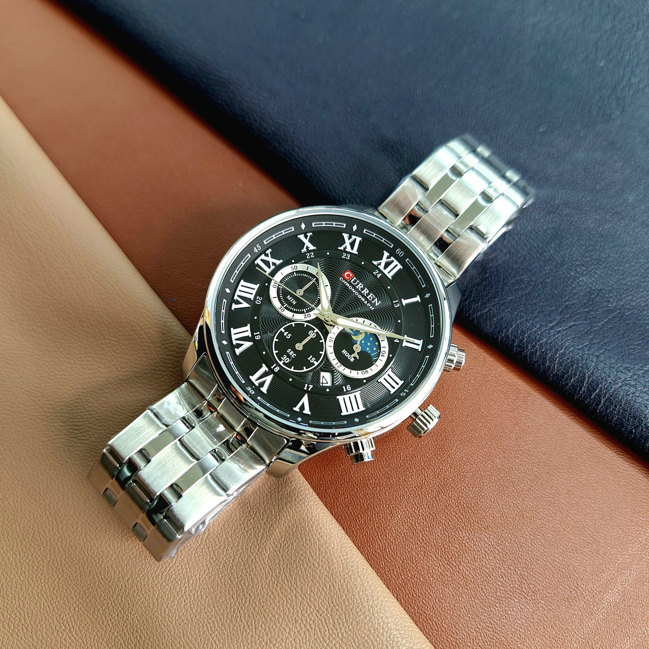 Чоловічий кварцевий стрілковий наручний годинник із хронографом Curren 8427 Silver-Black, оригінал.