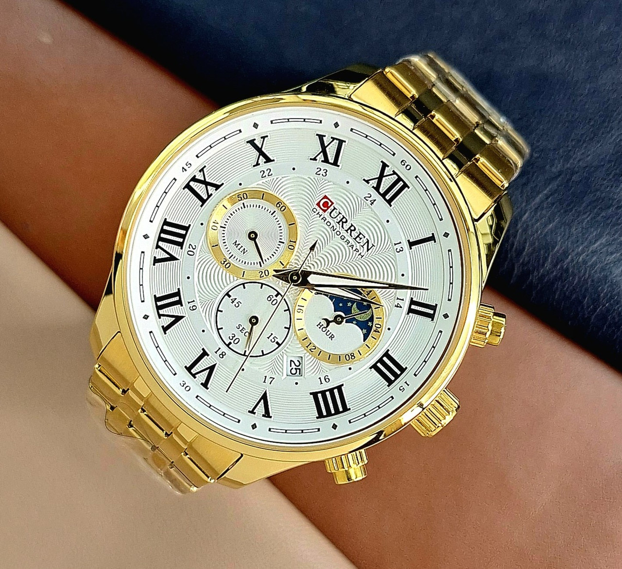 Чоловічий кварцевий стрілковий наручний годинник із хронографом Curren 8427 Gold-White, оригінал.