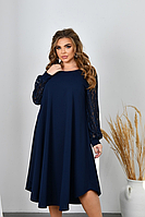 Платье нарядное синее свободного покроя ассиметричное рукава гипюр большого размера 52-66. 104360