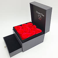 Розы из мыла в Подарочной коробка с ящиком для бижутерии набор мыльная композиция 11х11х8 см красный