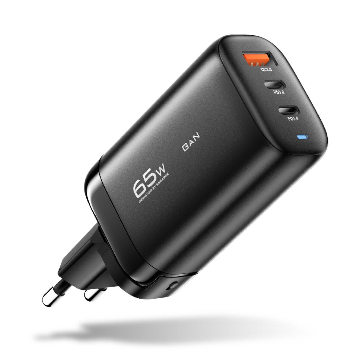 Мережевий зарядний пристрій Essager Shining 65W GaN Travelling Charger 2 Type-c+USB-A EU black ECT2CA-MYB01