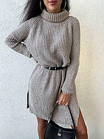 Теплое женское платье туника в длине мини, отложной воротник 42/48 размер, (черный, мокко, молочный, пудровый) Мокко