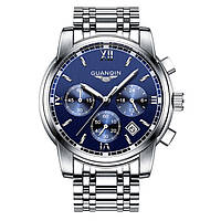 Классические Мужские часы механические серебряные с синим Guanquin Liberty Salex Класичний Чоловічий годинник