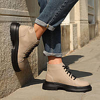 Ботинки женские кожаные байка Бежевые ботинки Salex Черевики жіночі шкіряні байка Бежеві ботінки