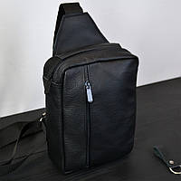 Сумка чоловіча - шкіряна, нагрудна сумка слінг шкіряна чорна на SR-624 3 кишені
