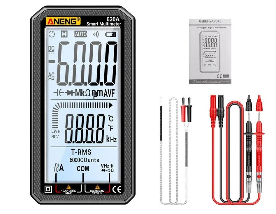 Мультиметр цифровий ANENG 620A Black з великим РК дисплеєм, фото 1