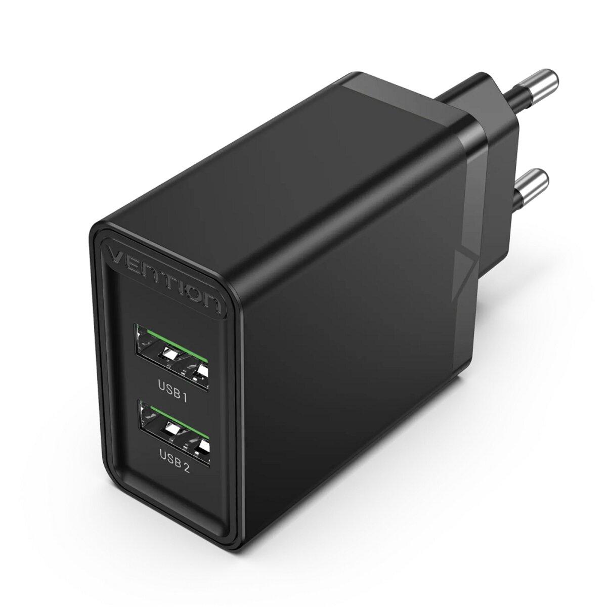 Мережевий зарядний пристрій Vention Two-Port USB(A+A) Wall Charger (18W/18W) EU-Plug Black FBAB0-EU