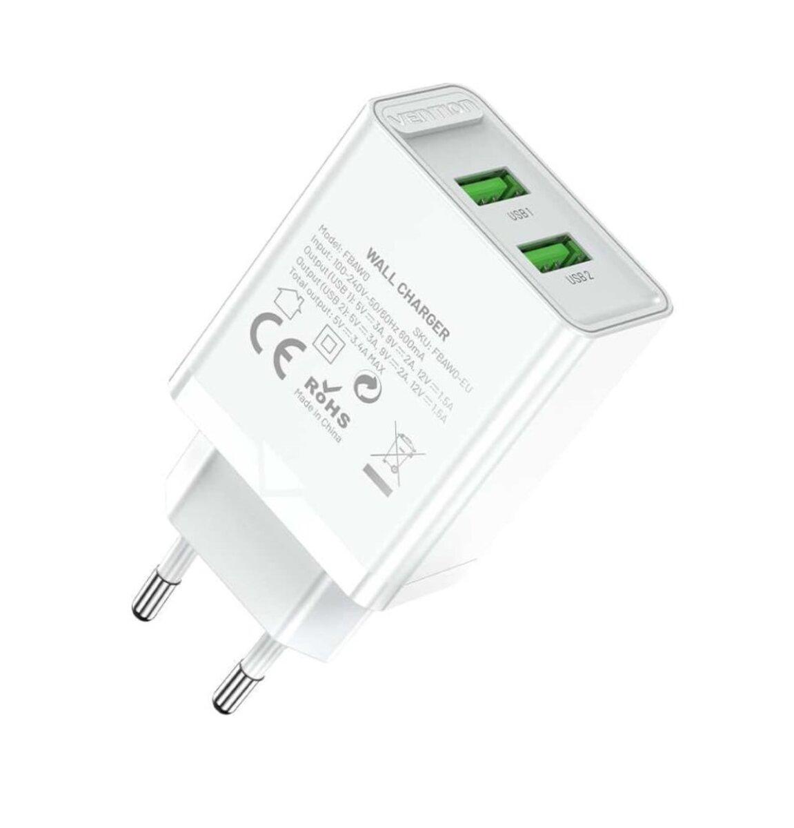 Мережевий зарядний пристрій Vention Two-Port USB(A+A) Wall Charger (18W/18W) EU-Plug White FBAW0-EU