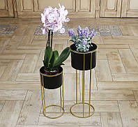 Комплект 2-х кашпо для квітів із металу на підставці чорно-золотий Гранд Презент 70338