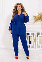 Стильний жіночий костюм брючний пиджак на запах Великого розміру Синій