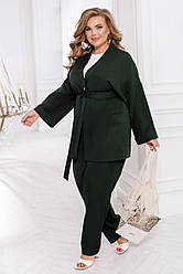 Стильний жіночий костюм брючний пиджак на запах Великого розміру Зелений
