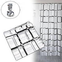 Шторка для ванной 180х178см "Белая с квадратами" - тканевая занавеска в ванную, штора для душа (TO)