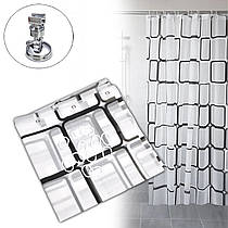 Шторка для ванної 180х178см "Біла з квадратами" - тканинна фіранка у ванну, декоративна штора для душу