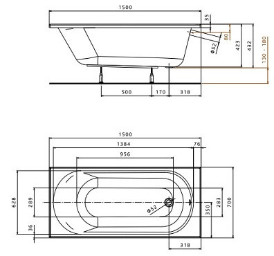 Ванна акрилова KOLO Opal Plus без ножек 150х70 см - фото 3 - id-p2076226949