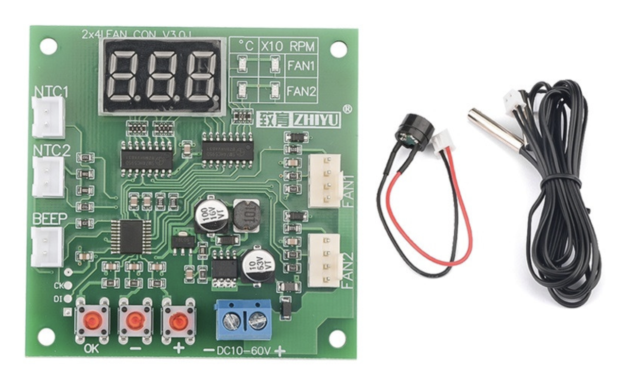 ШІМ контролер - керування охолодженням на 2 вентилятори, 8-60В, з термодатчиком і біпером
