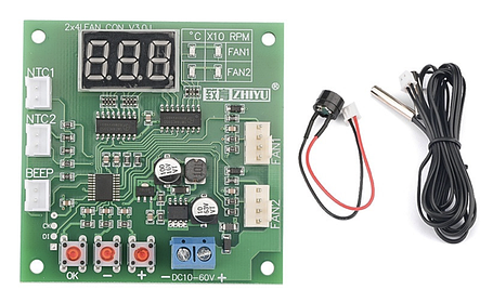 ШІМ контролер - керування охолодженням на 2 вентилятори, 8-60В, з термодатчиком і біпером, фото 1