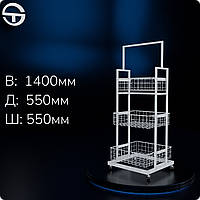 Стійка "3 кошики" висота 1400мм, біла. Торговий стелаж-стенд на роликах для товарів з корзинами