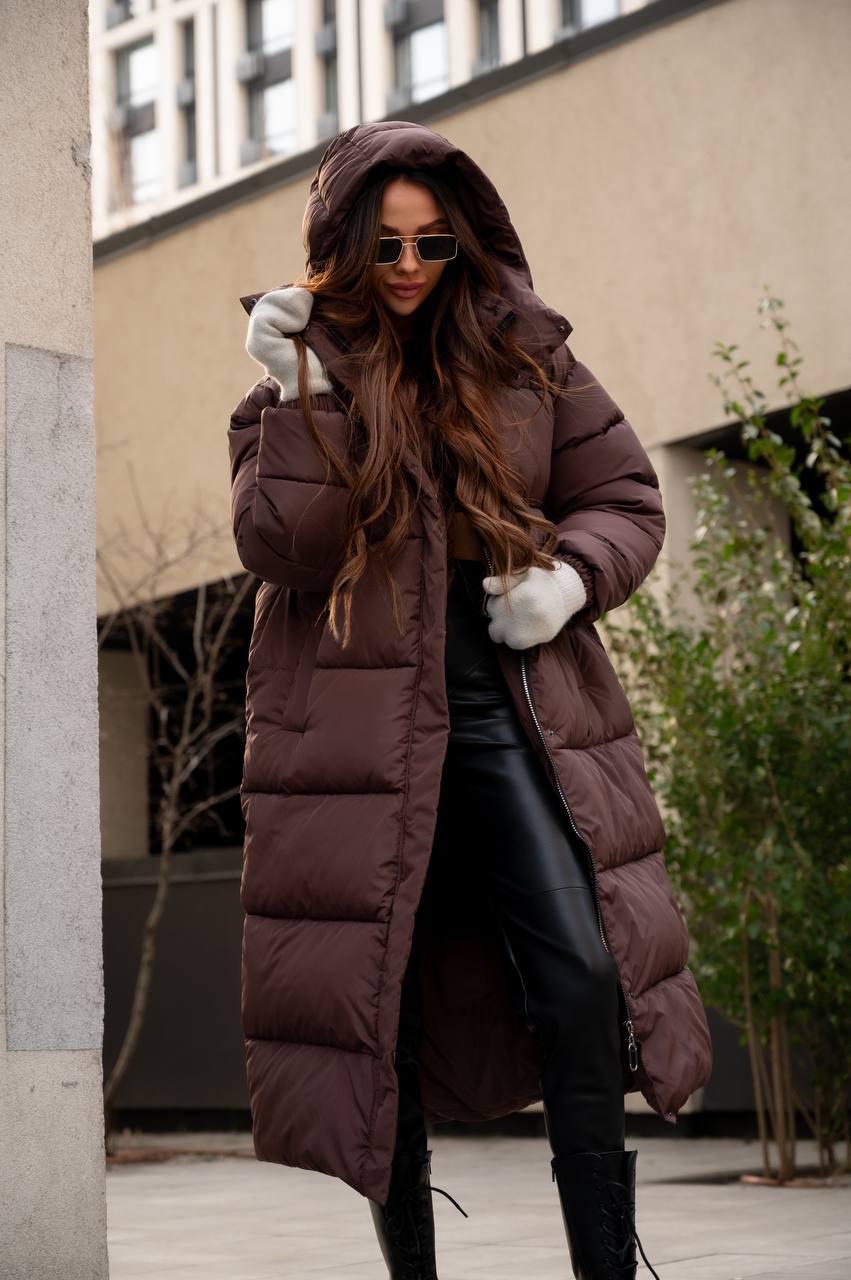 Жіноча тепла зимова куртка оверсайз з капюшоном довжина міді Kdh102