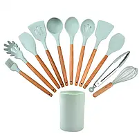 Набір кухонного приладдя Kitchen Set 12 предметів (11 шт + підставка): силікон + дерево, М'ятний (KS-12M), фото 11