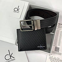 Подарочный набор мужской Calvin Klein черный кожаный ремень и кошелек из натуральной кожи