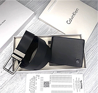 Подарочный набор мужской из натуральной кожи ремень и кошелек портмоне черный Calvin Klein в коробочке CK