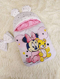 Спальник для новонароджених дівчаток, рожевий з білим, принт Мінні з ведмедиком