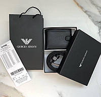 Чоловічий подарунковий набір Giorgio Armani чорний шкіряний ремінь і портмоне гаманець із натуральної шкіри